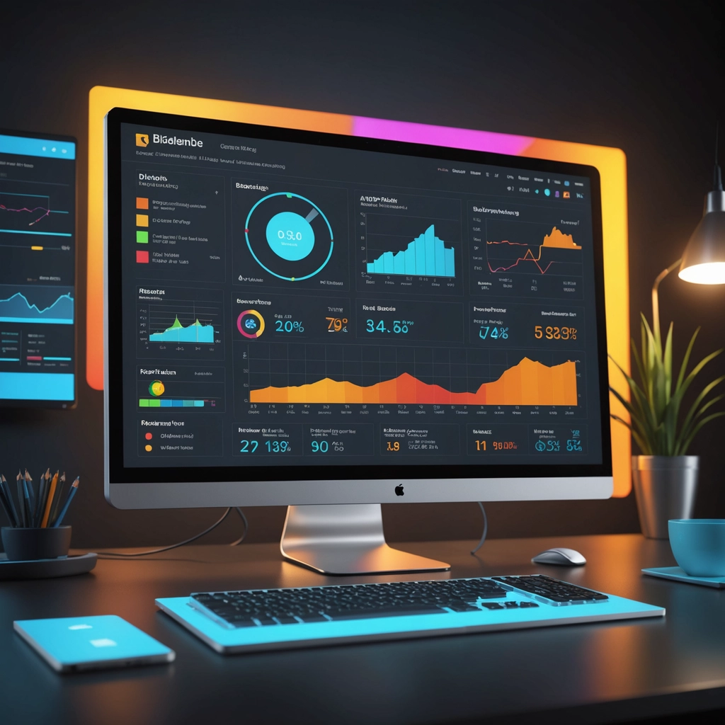 Ein moderner Desktop-Computer zeigt auf einer Webseite für Bau- und Handwerksunternehmen bunte Datenanalyse-Dashboards und Diagramme an, umgeben von einer Tastatur, einer Maus, einer Kaffeetasse, Stiften und einer Pflanze, die alle von der Umgebungsbeleuchtung in einem dunklen Büro beleuchtet werden. - digiak webdesign und entwicklung