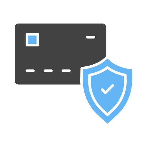 Ein Kreditkartensymbol in Dunkelgrau neben einem blauen Schild mit Häkchen, das sicheres Bezahlen bzw. Kreditkartenschutz bei Kasse symbolisiert. - digiak webdesign und entwicklung