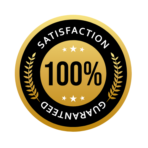 Ein rundes Abzeichen mit goldener Mitte und schwarzem Rand. In der goldenen Mitte steht „100 %“ in fetten schwarzen Buchstaben. Am schwarzen Rand steht in weißer Schrift „ZUFRIEDENHEIT GARANTIERT“. Die Seiten sind mit weißen Sternen und goldenen Lorbeerblättern verziert und verkörpern die Qualität von Kasse. - digiak webdesign und entwicklung