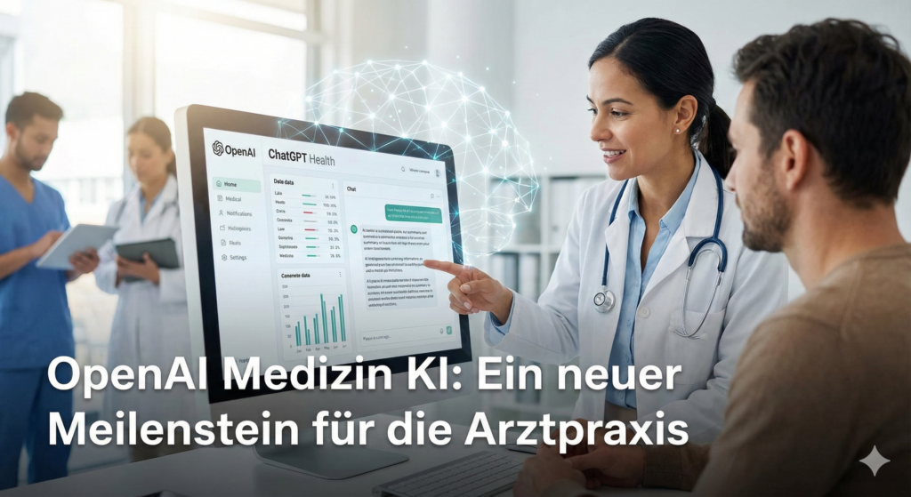 Ein Arzt zeigt einem Patienten einen Computerbildschirm mit Gesundheitsdaten und der OpenAI ChatGPT KI-Schnittstelle, während andere medizinische Mitarbeiter im Hintergrund arbeiten. Der deutsche Text lautet: "OpenAI Medizin KI: Ein neuer Meilenstein für die Arztpraxis. - digiak webdesign und entwicklung