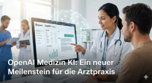 Ein Arzt zeigt einem Patienten einen Computerbildschirm mit Gesundheitsdaten und der OpenAI ChatGPT KI-Schnittstelle, während andere medizinische Mitarbeiter im Hintergrund arbeiten. Der deutsche Text lautet: "OpenAI Medizin KI: Ein neuer Meilenstein für die Arztpraxis. - digiak webdesign und entwicklung