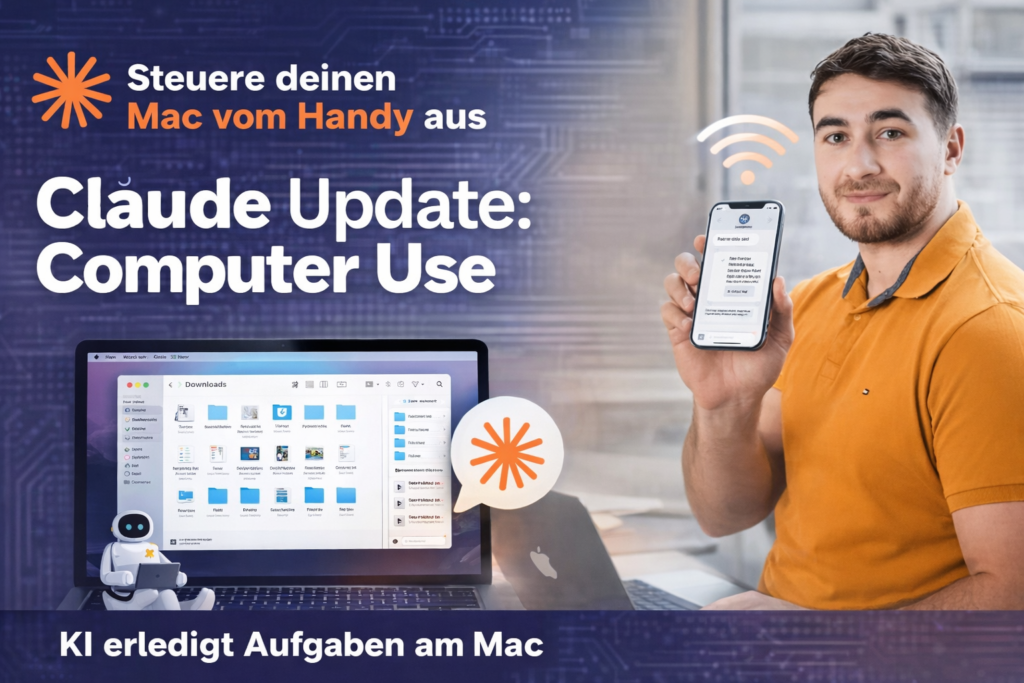 Ein Mann in einem orangefarbenen Hemd hält ein Smartphone hoch, auf dem eine App angezeigt wird, und sitzt neben einem Laptop, auf dem ein Ordner geöffnet ist. Der deutsche Text wirbt für Claude Computer Use, mit dem Sie Ihren Mac von Ihrem Smartphone aus steuern und KI Aufgaben auf dem Mac erledigen lassen können. - digiak webdesign und entwicklung