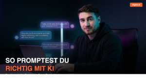 Artur Kokoev am Laptop mit KI-Chat-Interface - Prompting Guide